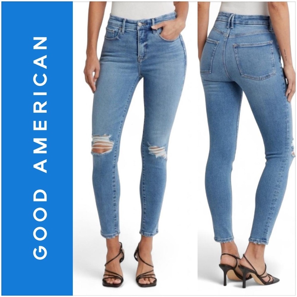 Good American high-rise skinny jeans with distressed knees and raw hem
Size 2/26